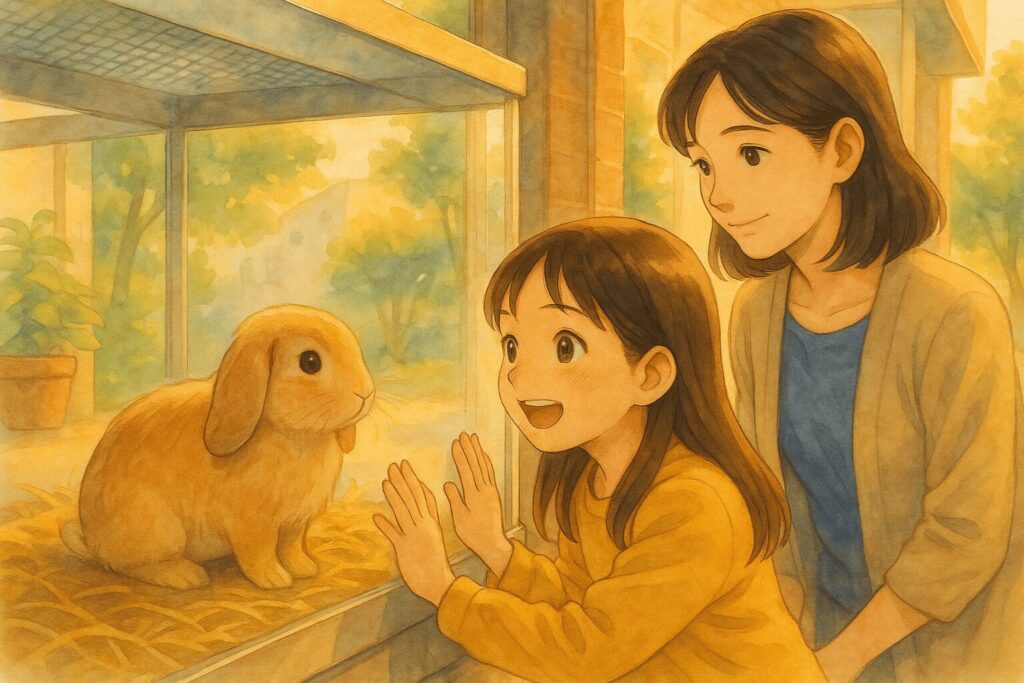 不登校の娘がペットショップのガラス越しにうさぎを見て微笑む様子を、少し離れた場所から見守る母親の姿