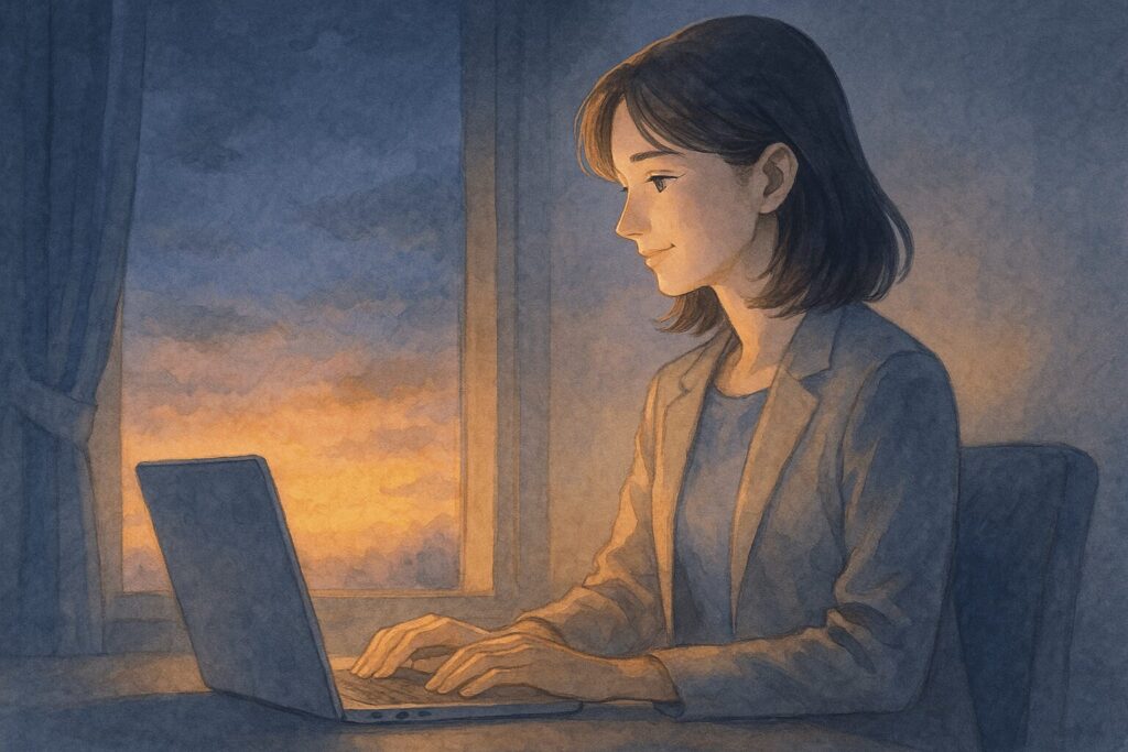 夜明け前の静かな部屋でパソコンを開く女性のイラスト。窓の外にはやわらかな朝焼けが差し込み、女性は横顔でうっすらと穏やかな笑みを浮かべている。淡い水彩タッチで描かれ、静かな決意と希望を感じさせる雰囲気。
