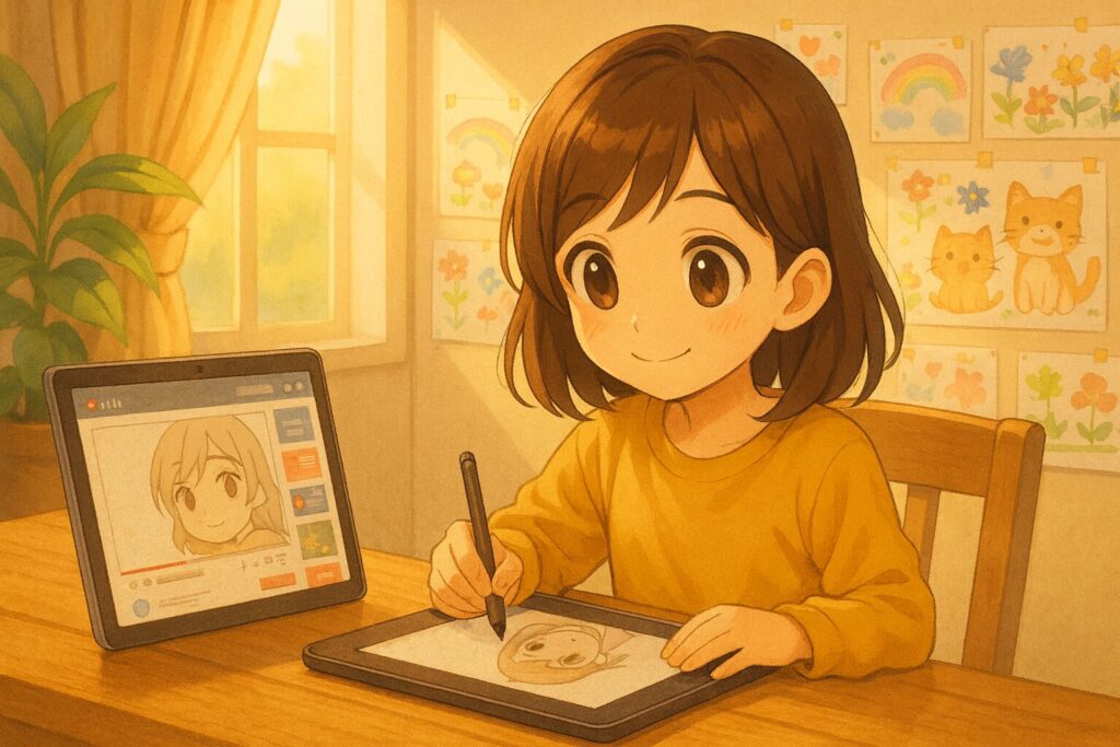 木のテーブルでマスタード色の服を着た女の子が、隣のノートPCで再生中のチュートリアル動画を参考にしながらタブレットにデジタルイラストを描いている。背景には子どもの絵が飾られ、柔らかな午後の光が差し込む。