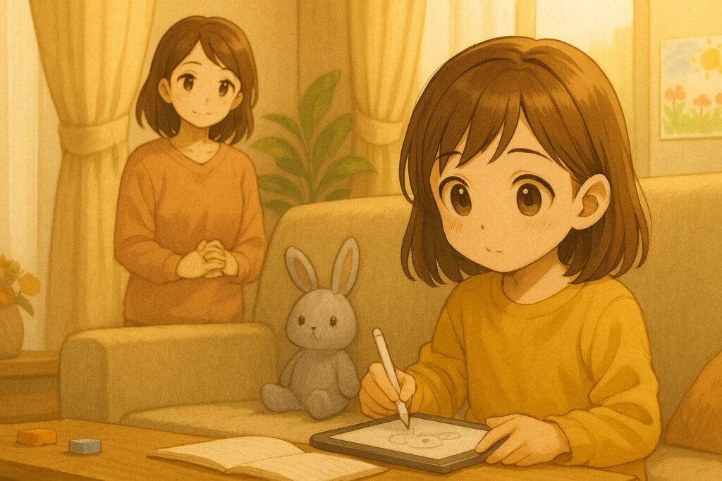 ソファに座ってiPadを使う女の子と、それを見守る母親。
背景には子どもが描いた絵と、グレーのうさぎのぬいぐるみが置かれている。
柔らかな光が差し込む室内で、安心できる家庭の空気が描かれている。


