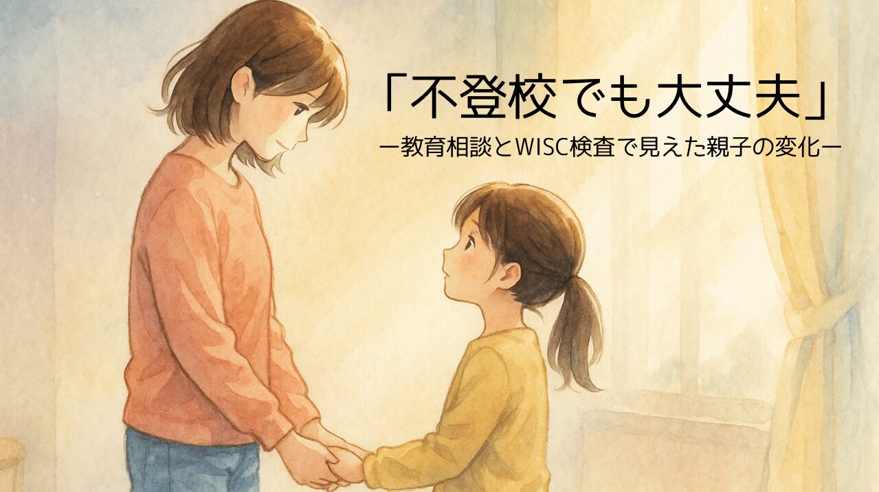 水彩画風のイラスト。母親と娘が室内で手を取り合い、優しく見つめ合っている場面。「不登校でも大丈夫」という安心感と、教育相談やWISC検査を通じた親子の変化を象徴している