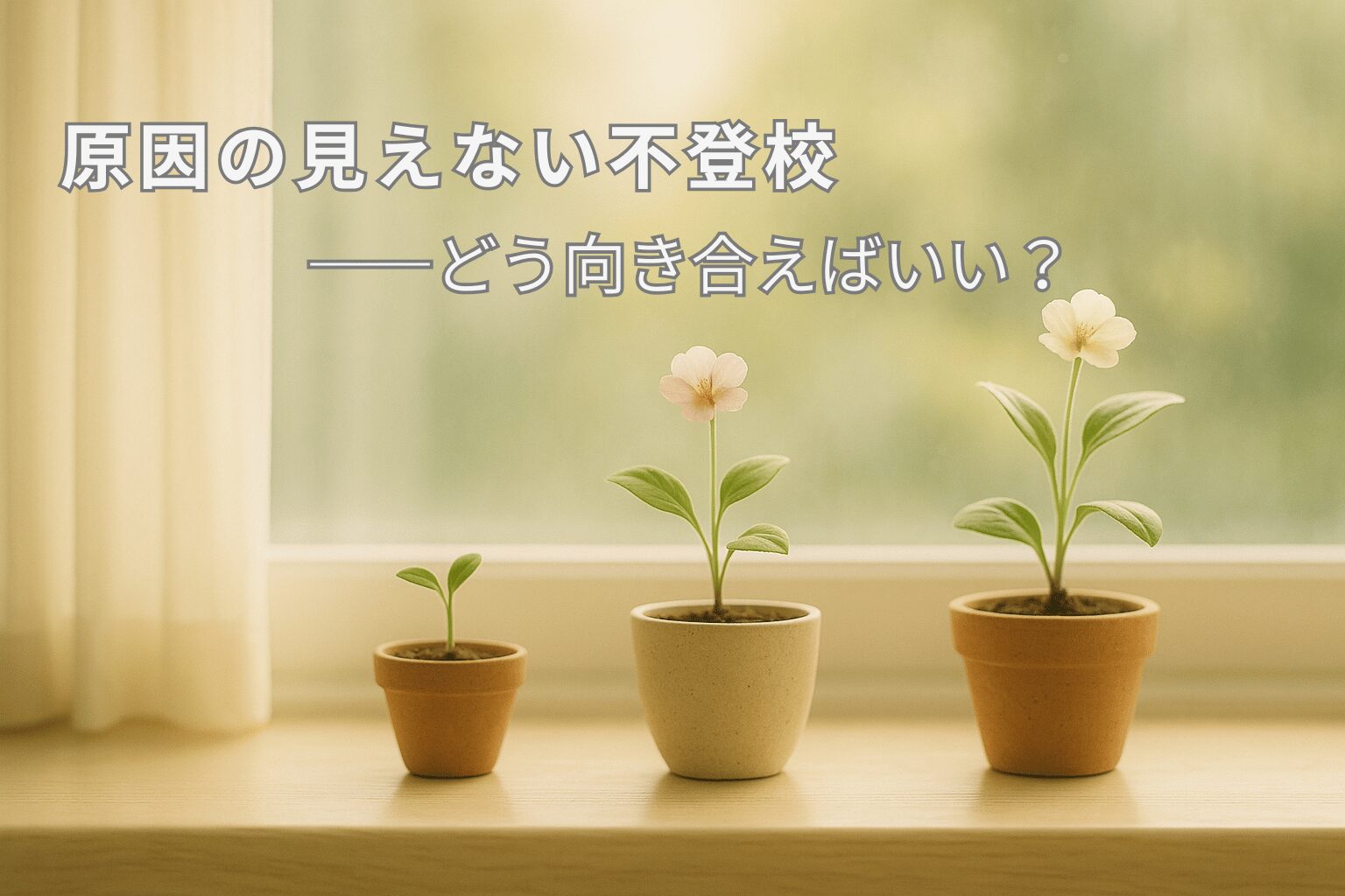 朝の柔らかな光が差し込む窓辺に、成長段階の異なる三つの鉢植えが並んでいる。不登校のテーマを象徴するような、静かで希望を感じる雰囲気の写真。