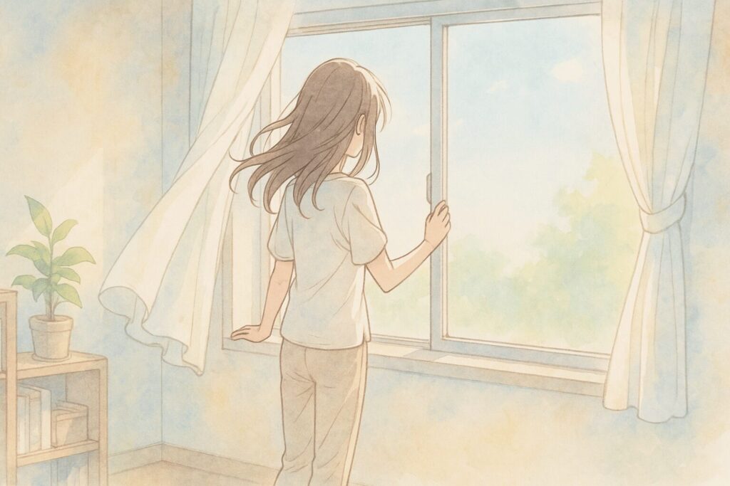 窓の外に向かって右手を伸ばし、そっと窓を開ける女性の後ろ姿。カーテンが外に向かって揺れ、観葉植物や本棚のある室内に朝の光と風が入り込んでいる。