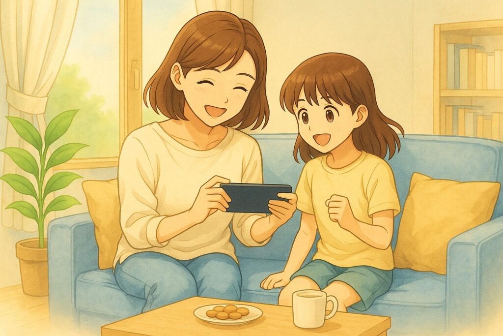 ソファに並んで座り、横持ちのスマホを見ながら笑顔でゲームを楽しむ母と小学生くらいの娘。間にはお菓子とコーヒーが置かれた小さなテーブルがあり、明るい光が差し込むリビング。